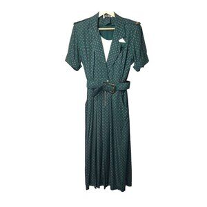 S.L. Fashions Vintage Green Geo Print Belted Collared Shirt Dress Medium